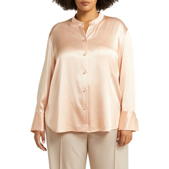 Vince Women’s Relaxed Band Collar Satin Button Up Shirt Size 3X NWT Peach Opal - Picture 1 of 8